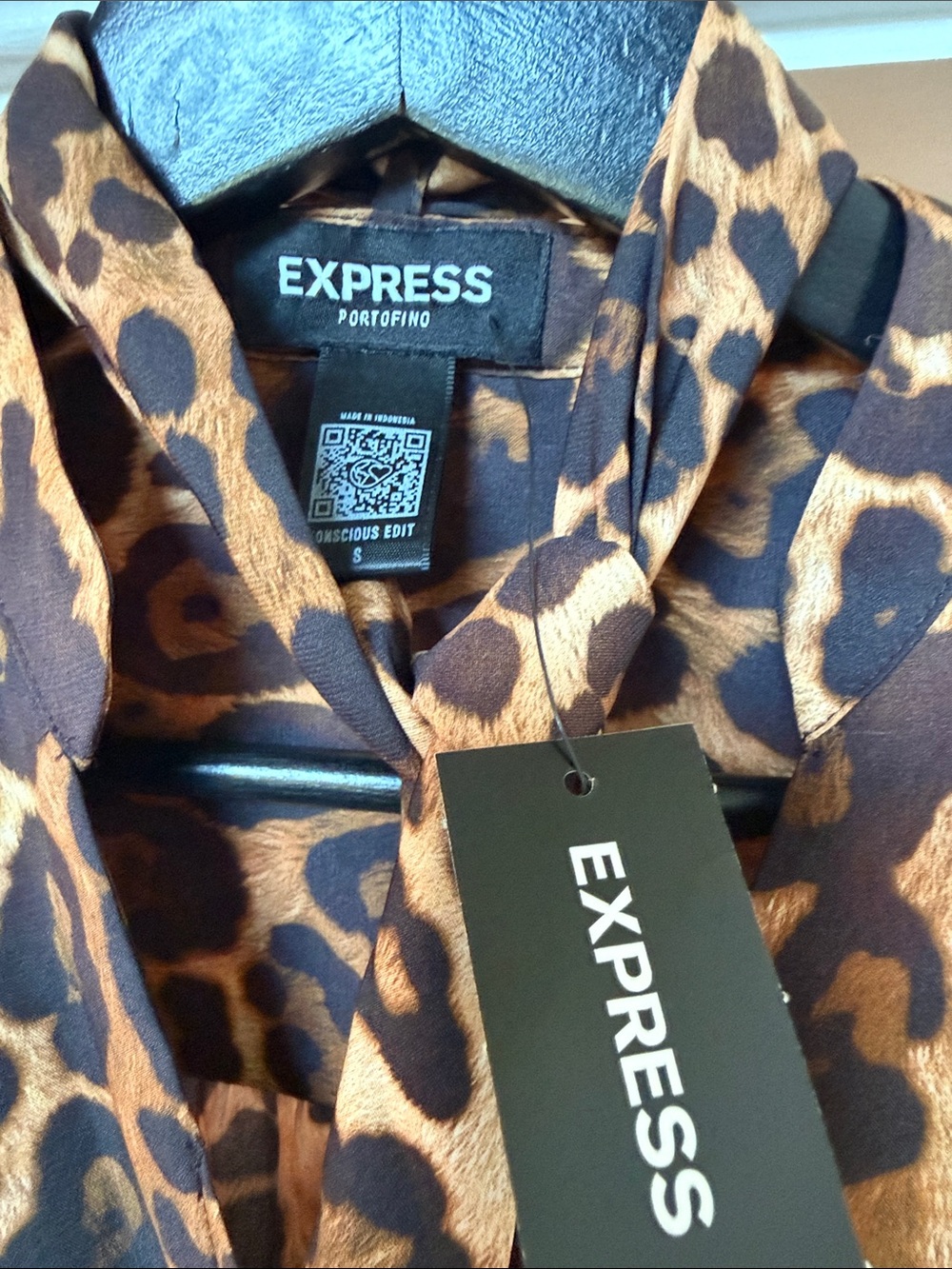 Express Leopard-Print Tie-Neck Blouse - Brown, Black - Picture 2 of 3